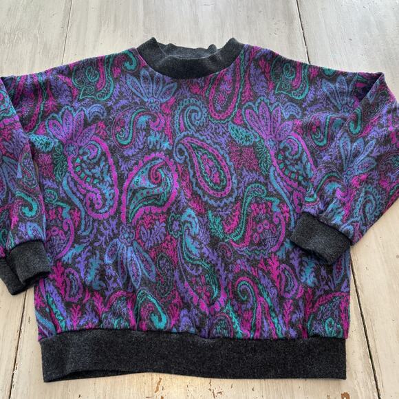 Vtg Season Ticket Teal Purple Pink Floral Paisley 80s Sweater Women’s Sz M - Picture 1 of 6